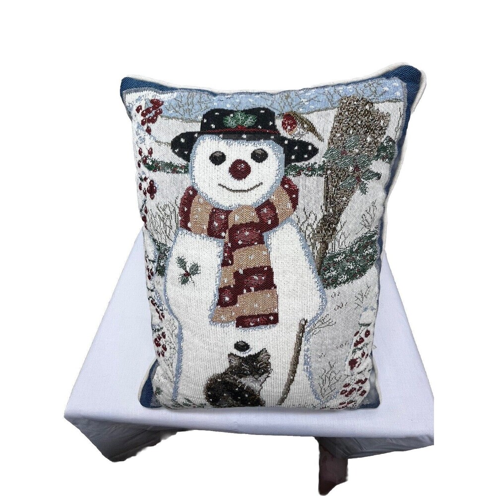 Anne Mortimer Winter Cat &  Snowman Tapestry Pillow 16 X 12